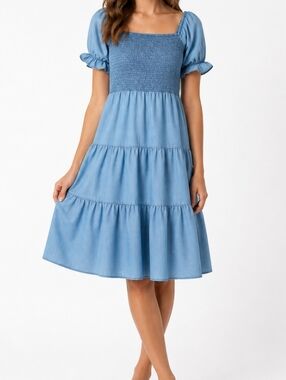 Light Blue Smocked Chambray Puff Sleeve Tiered Dress